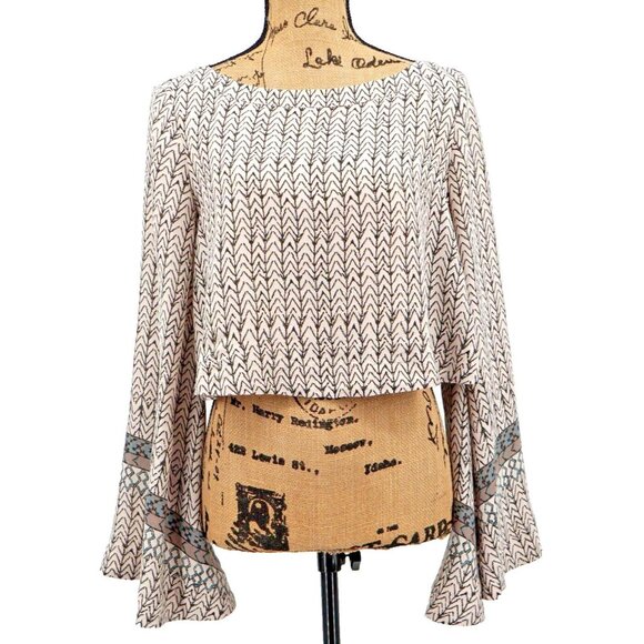 Free People Tops - Free People Cropped Top Women Extra Small XS Bell Sleeve Ivory Black Boho